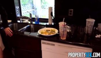 Busty brunette Kitty Bella blows cock on the roof